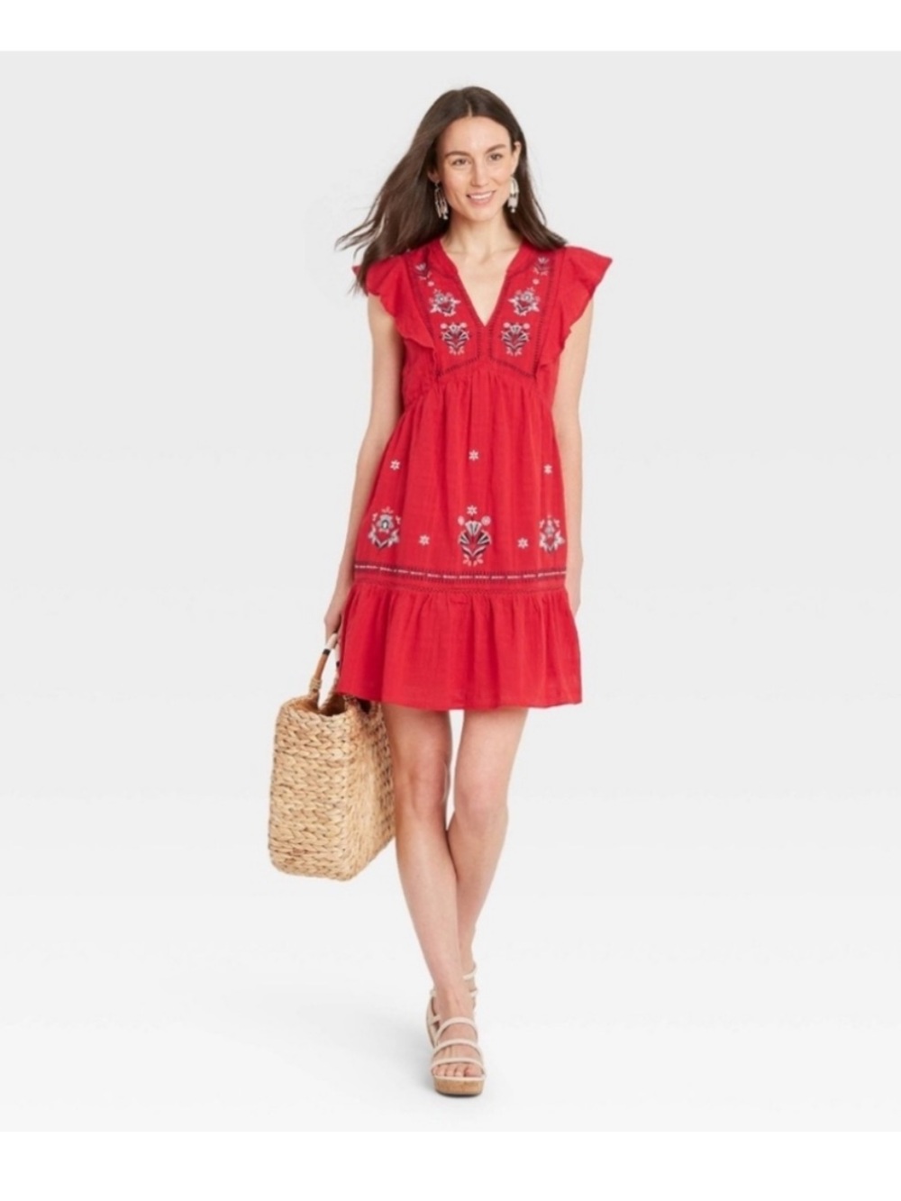 Knox‎ Rose Red Embroidered V-Neck Tiered Mini Dress